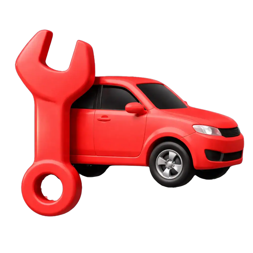 Alt text: Red car with large wrench icon, symbolizing auto repair and car maintenance services.